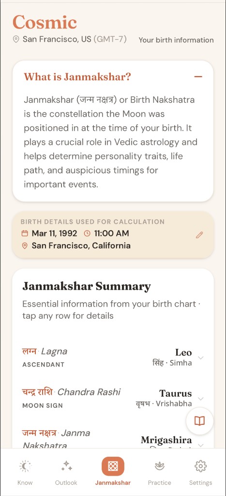 Janmakshar summary with Lagna and Nakshatra